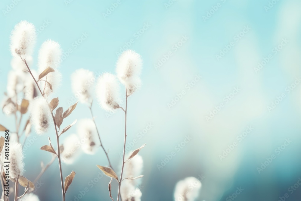 Spring willow branches in soft focus on blue background, Generative AI Spring willow branches in soft focus on blue background, Generative AI