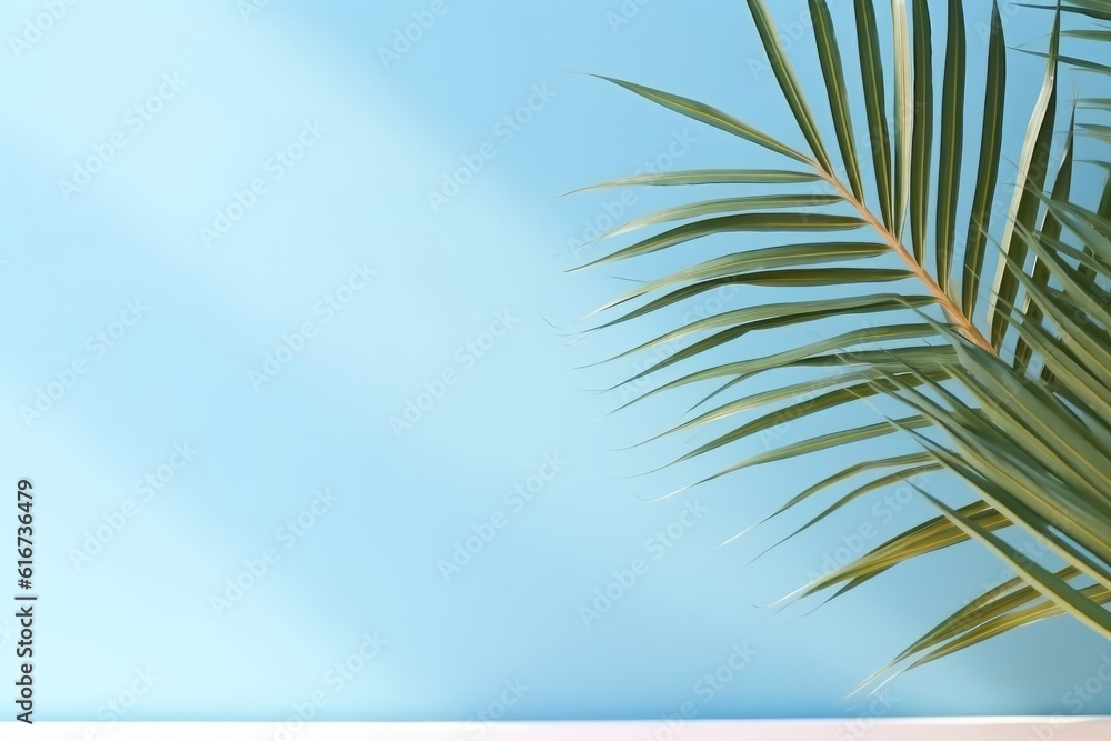 Palm leaf shadow on blue wall Minimal background for products Seasonal, Generative AI
