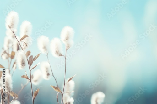 Spring willow branches in soft focus on blue background, Generative AI