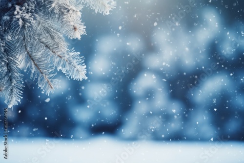 Winter Christmas frame with snow covered fir branches and falling snow, Generative AI