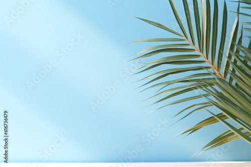 Palm leaf shadow on blue wall Minimal background for products Seasonal  Generative AI