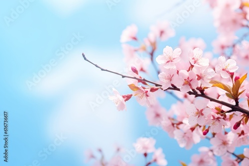 Cherry branches, blue sky, butterflies, pink sakura, romantic spring image, Generative AI © ParinApril