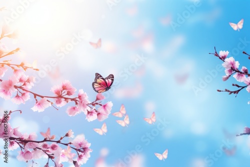 Cherry branches, blue sky, butterflies, pink sakura, romantic spring image, Generative AI