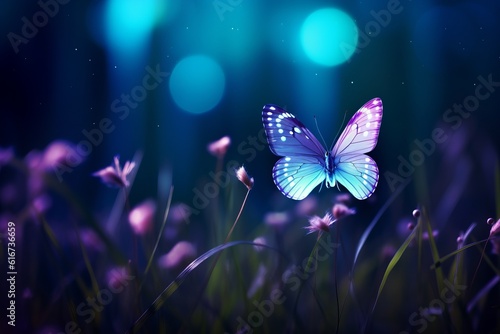 Night butterfly in blue and purple tones, macro Artistic dream image, Generative AI