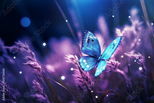Night butterfly in blue and purple tones, macro Artistic dream image, Generative AI