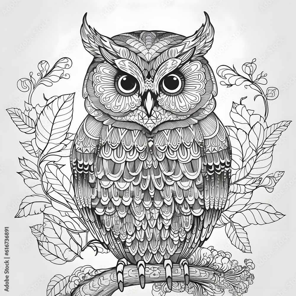 Naklejka premium Black and white owl illustration in mandala design for painting and coloring