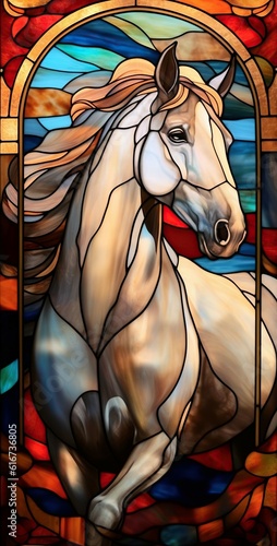 a beautiful stained glass window of a withe horse. Vibrant colors. Modern design. AI generated image. © Jacques Evangelista
