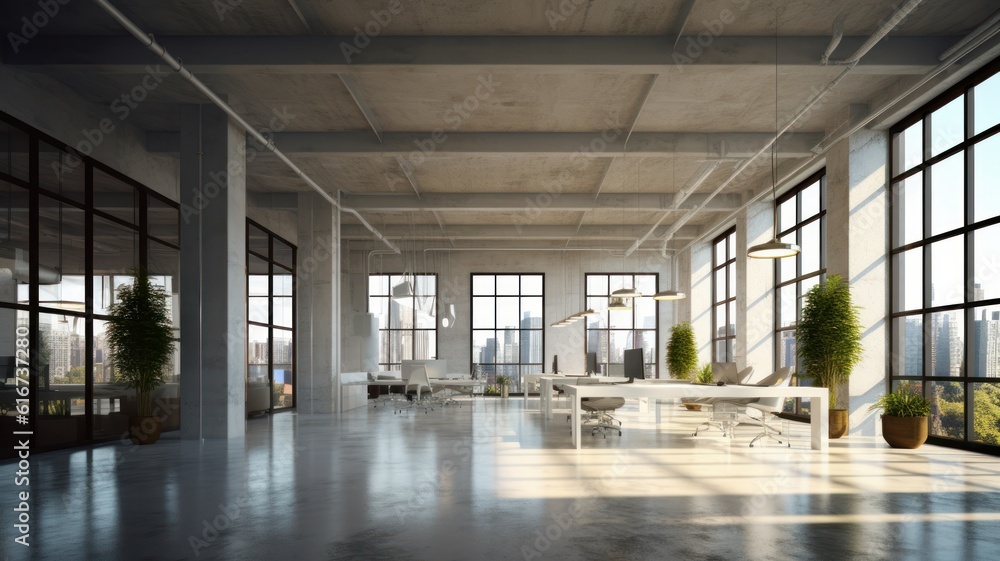 Loft style open space office in a modern urban building. Concrete floor and walls, tables, chairs, desktop computers, plants in pots, panoramic windows with city view. Comfortable working environment.