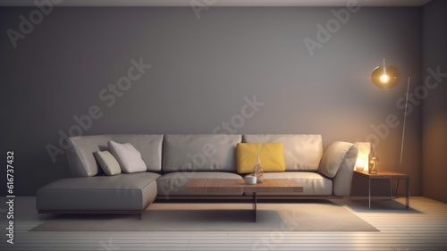 Front view of a modern minimalist living room. Empty gray walls  large comfortable corner sofa with pillows  coffee table  trendy floor lamp  carpet. Mockup  3D rendering.