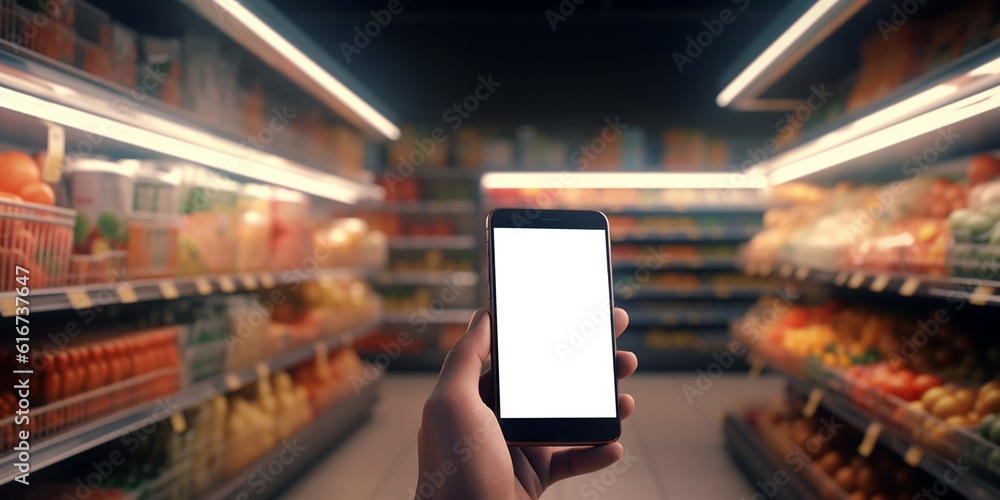 Smartphone with a blank white screen on the background of the vegetable department of the supermarket and close-up. Generative AI