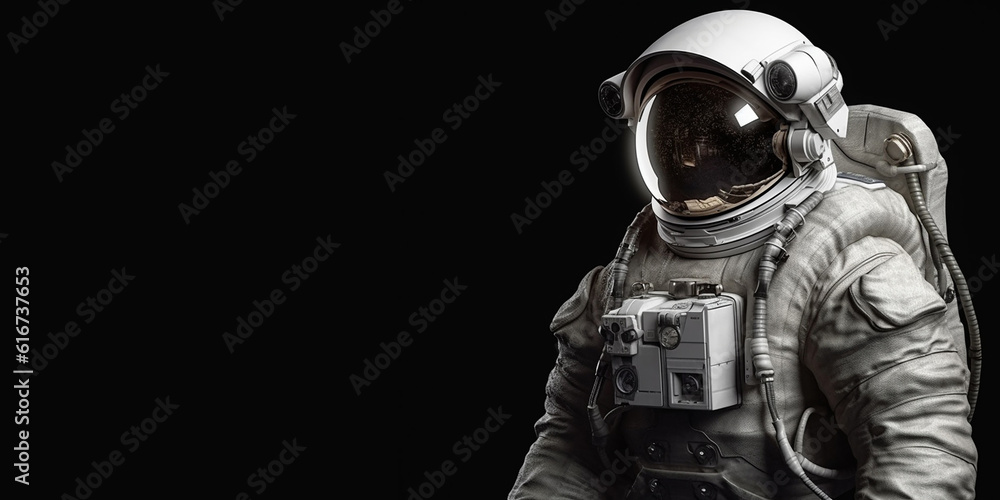 Cosmonaut or astronaut in a spacesuit, close-up and on an isolated black background. Generative AI Cosmonaut or astronaut in a spacesuit, close-up and on an isolated black background. Generative AI