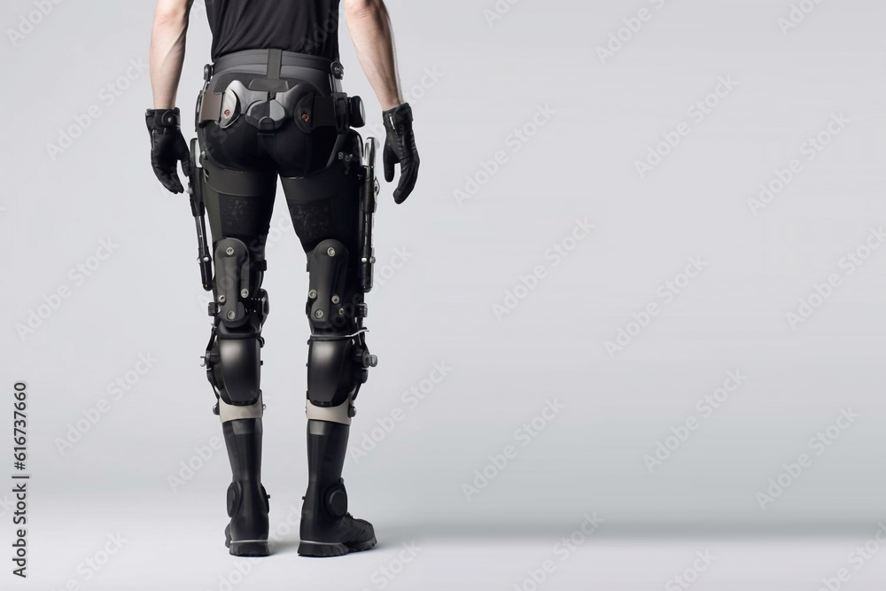Legs of man in the robotic exoskeleton walking through the corridor of the rehabilitation clinic. Doctor helping him. Generative AI Legs of man in the robotic exoskeleton walking through the corridor of the rehabilitation clinic. Doctor helping him. Generative AI