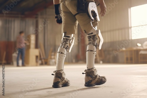 Legs of man in the robotic exoskeleton walking through the corridor of the rehabilitation clinic. Doctor helping him. Generative AI