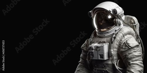 Cosmonaut or astronaut in a spacesuit, close-up and on an isolated black background. Generative AI