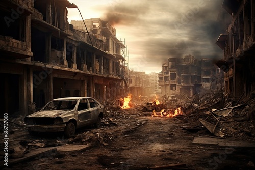 A disaster in a burning city Aftermath of war and destruction