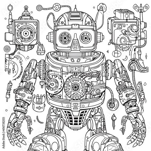 Detailed robot with exposed gears and smaller components surrounding it © youriy