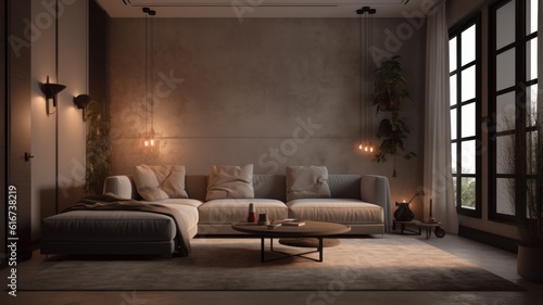 Interior of modern cozy living room in gray tones. Corner sofa with pillows, coffee table, green plants, carpet on the floor, trendy pendant lights, modern home decor. Mockup, 3D rendering.