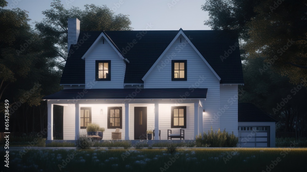 Classic American suburban modern farmhouse. Two story, white siding walls, dark shingle roof, spacious porch, neatly trimmed lawn, evening lighting. Mockup, 3D rendering.