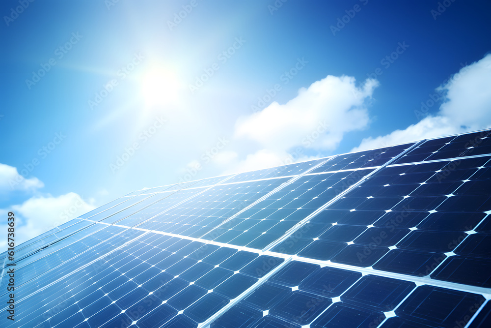 green energy solar photovoltaic panels with sky on background 