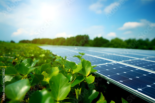 green energy solar panels on the grass with sky background