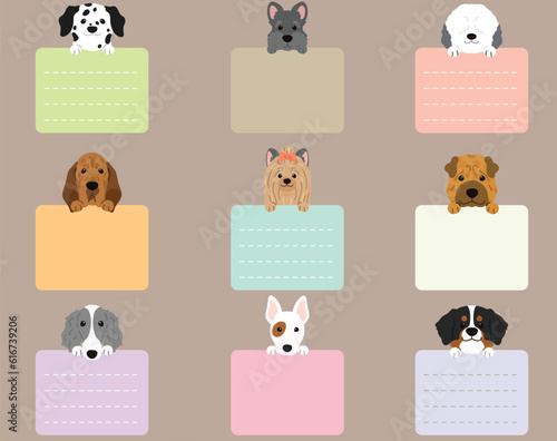 Set of flat colored cute and simple dog heads with front paws holding a note