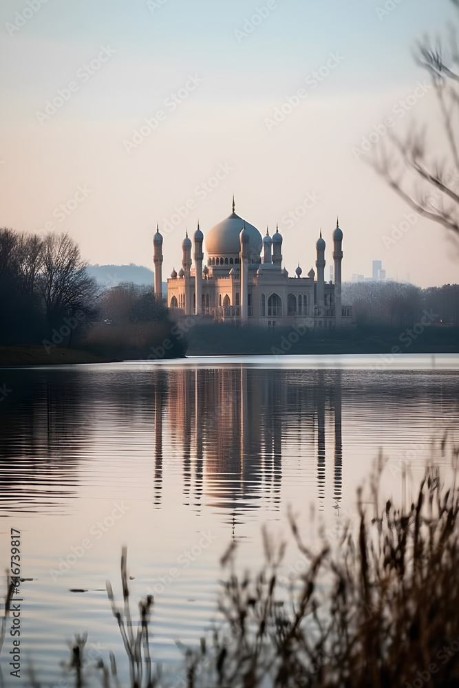 view of the magnificent mosque from the edge of the lake ,generative ai