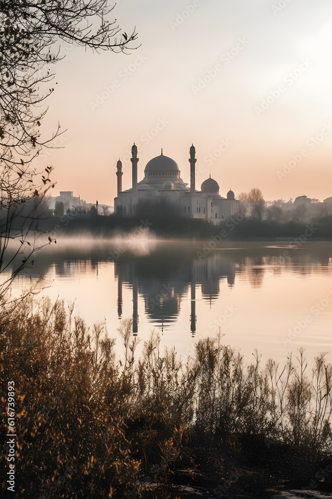 view of the magnificent mosque from the edge of the lake ,generative ai