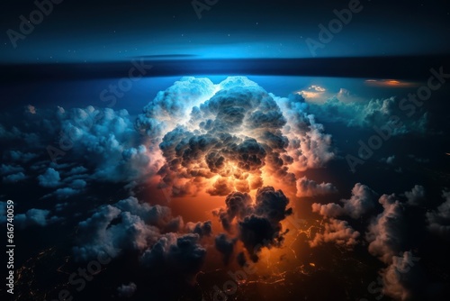 Aerial view of a stormy night sky over the sea. Severe thunderstorm  cumulonimbus clouds and lightning. Colorful dramatic majestic landscape with sea horizon. Dark blue sky with amazing clouds.