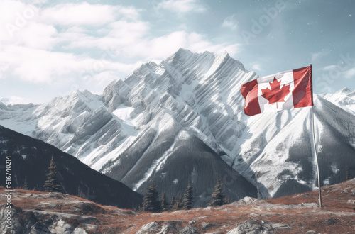 Canadian Majesty: Flag of Canada against Majestic Mountain and Forest Backdrops in Stock Photos