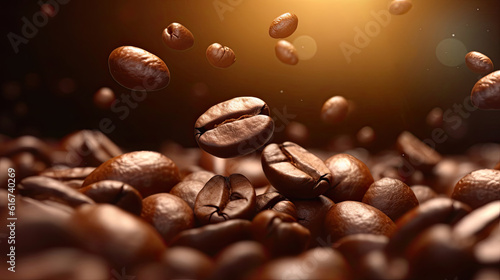 Dark brown coffee beans fall in a heap. Cafe banner with warm colors and sunlight. © Mirador