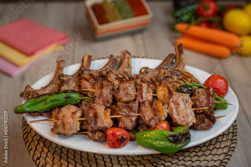 Traditional Turkish meal kebab, Ali nazik, adana kebap, urfa kebap, çöp şiş, patlican kebap, domates kebap, şaşlık, saslik, ciger sis on table top view photo