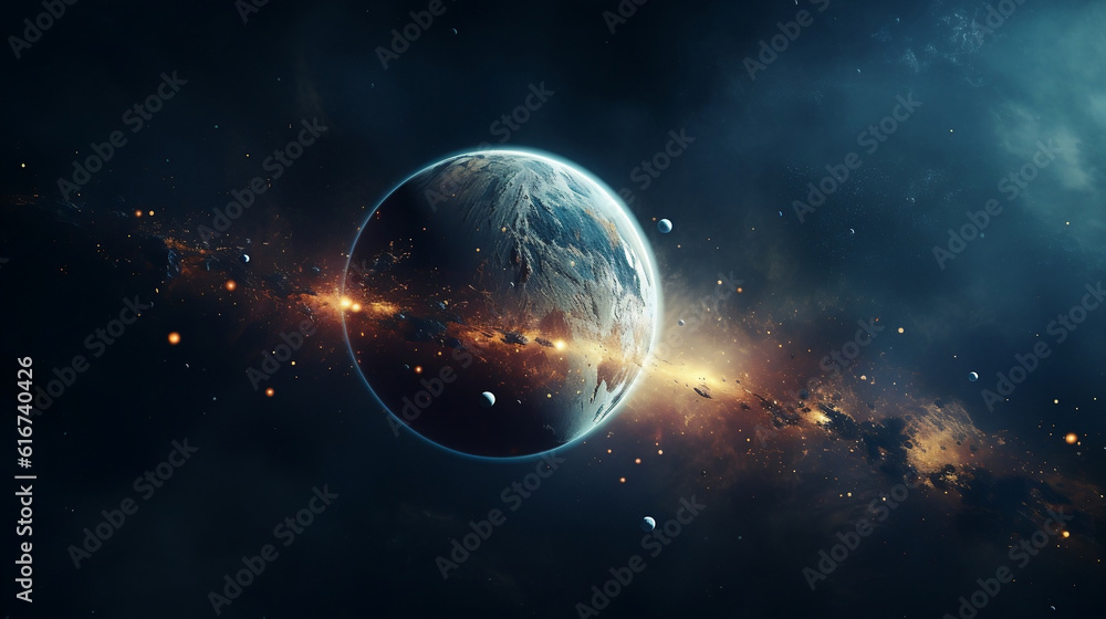 Sci-Fi Landscape with planets, stars and nebula. Exploration and expedition of the universe. Generative AI