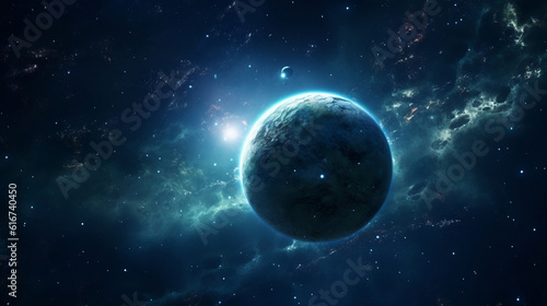 Sci-Fi Landscape with planets, stars and nebula. Exploration and expedition of the universe. Generative AI