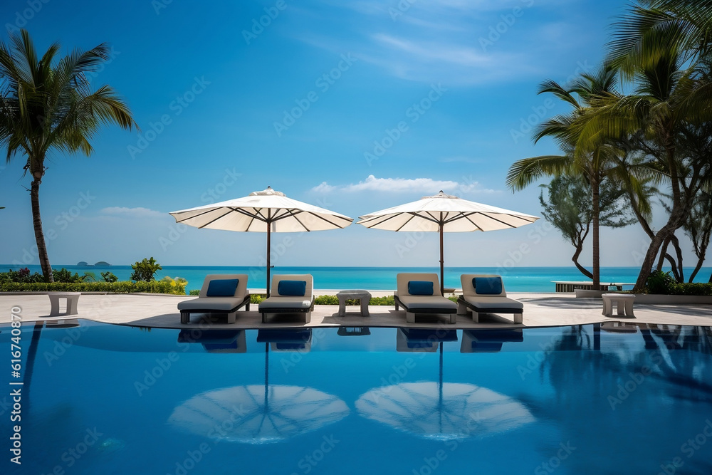 A swimming pool surrounded by lounge chairs and umbrellas, backdropped by a tropical blue sky and ocean, capturing the essence of a luxurious summer beach vacation