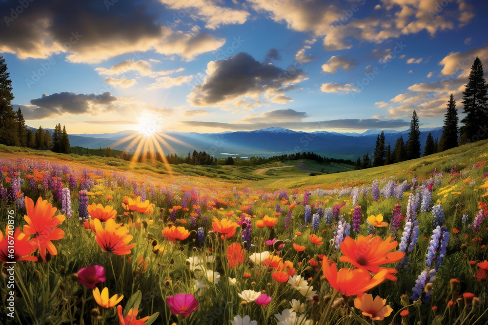 Meadow filled with wildflowers in full bloom, accompanied by a sunset, creating a colorful environment against a background of rolling hills and clouds