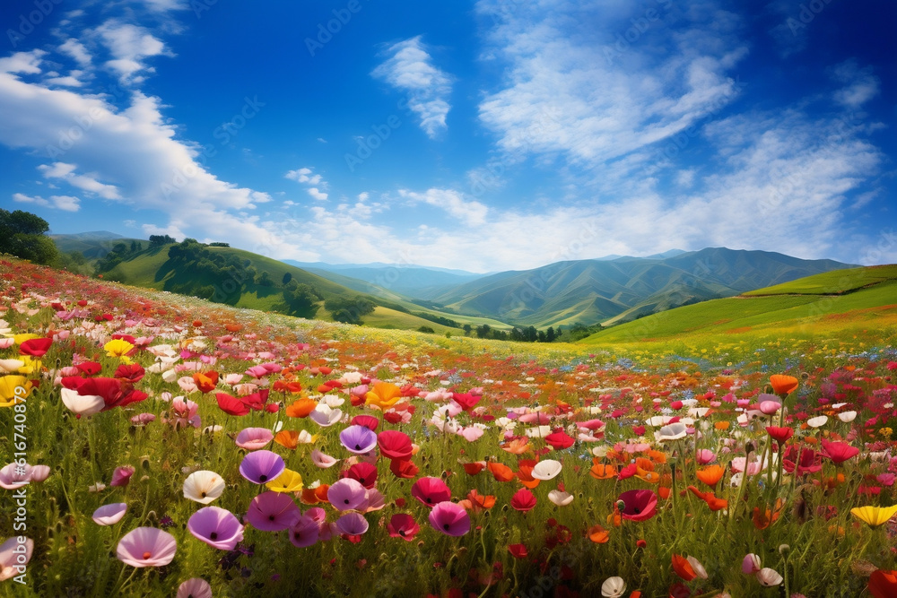 Wide-angle shot of a meadow filled with wildflowers in full bloom, accompanied by the bright blue sky, creating a burst of color and textures against a backdrop of green mountains