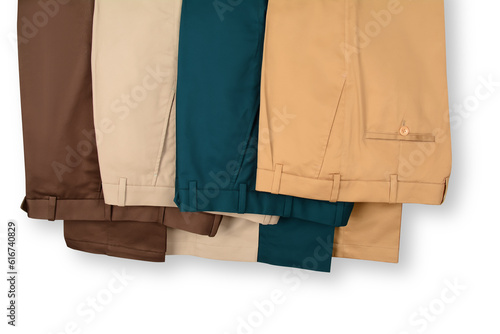 Chino Pants Isolated On White background. Hanged Cotton Pants. Trouser. photo