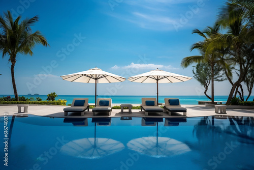 A swimming pool surrounded by lounge chairs and umbrellas  backdropped by a tropical blue sky and ocean  capturing the essence of a luxurious summer beach vacation