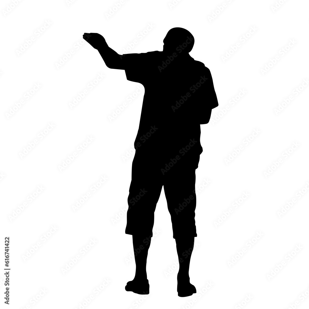 Silhouette of a standing man. The man points his hand to the side. Vector illustration