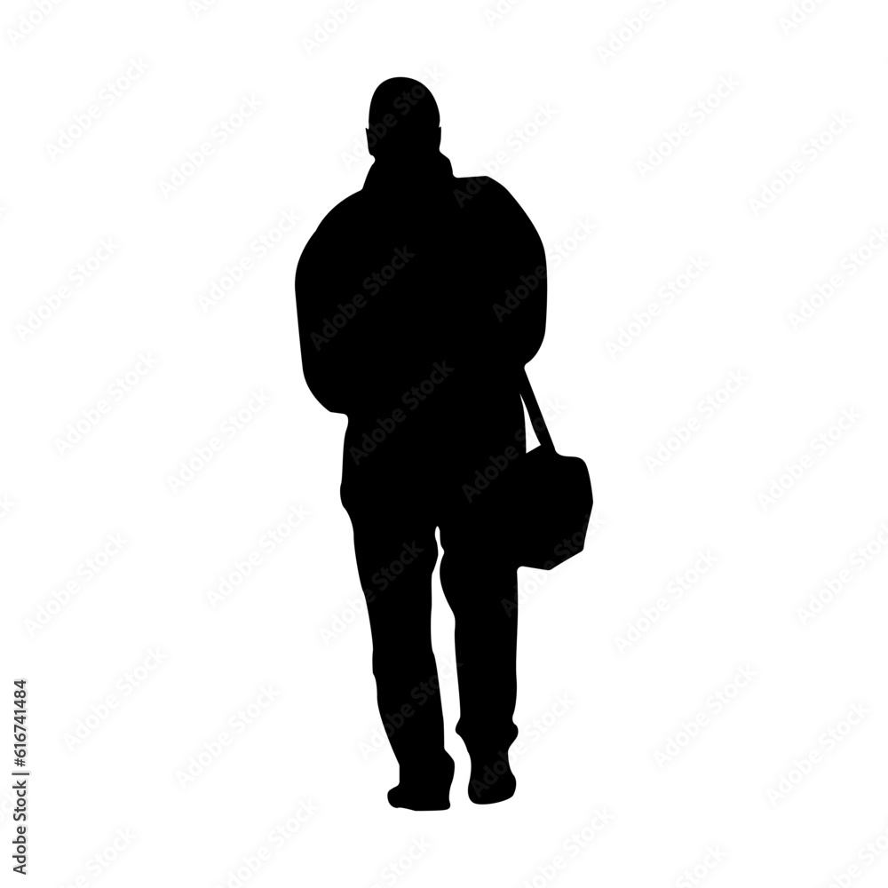 Silhouette of a walking man with a bag on his shoulder on a white background. Vector illustration