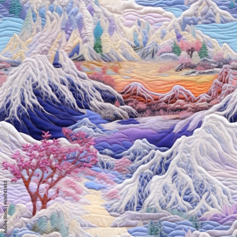 Mountain Embroidery Digital Paper, Snow Peak Seamless Pattern, Alpine Needlework, Digital Embroidery, Tileable Mountain Embroidery