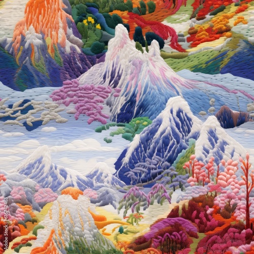 Mountain Embroidery Digital Paper, Snow Peak Seamless Pattern, Alpine Needlework, Digital Embroidery, Tileable Mountain Embroidery