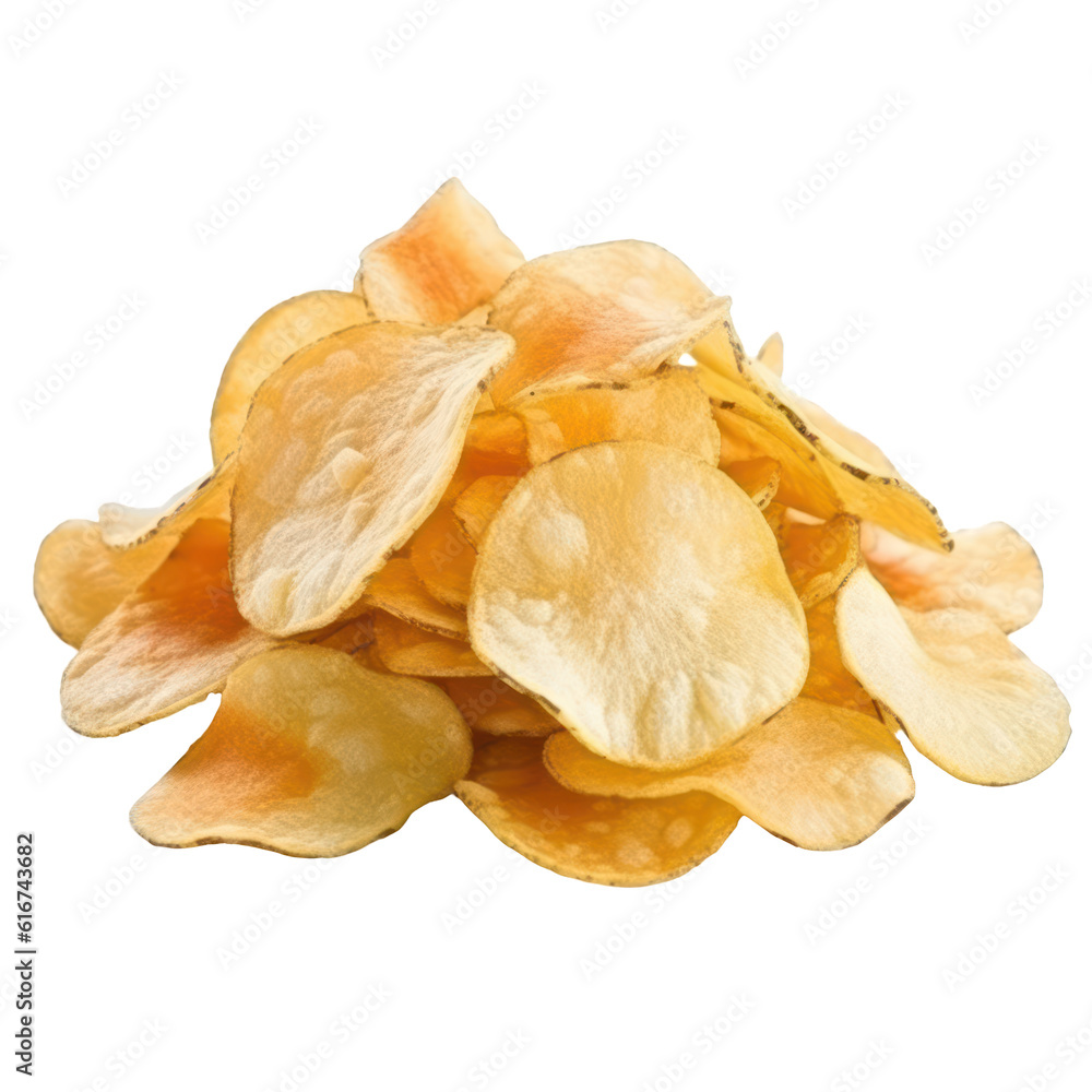 A pile of potato chips isolated on transparent background. Png clip art element. Generated with AI. A pile of potato chips isolated on transparent background. Png clip art element. Generated with AI.