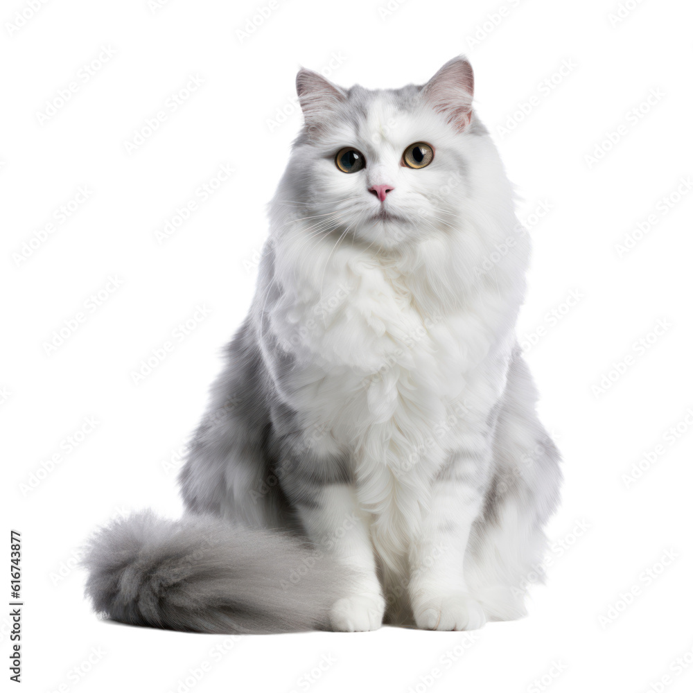 Cute domestic American curl cat with groomed fur sitting isolated on transparent background. Png clip art element. Generated with AI.