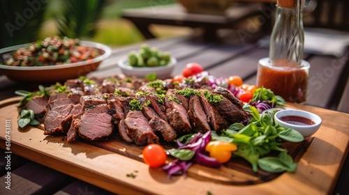 Delicious grilled organic beef with vegetables on wooden board. Outdoor bbq background. Generated with AI.