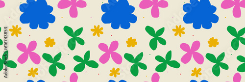 Trendy pattern with naïve colours. Seamless banner background with irregular daisies. Vector Contemporary illustration. In beige and blue and pink and green colors. 