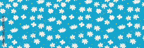 Trendy pattern with naïve colours. Seamless banner background with irregular daisies. Vector Contemporary illustration. In blue and yellow and white colors