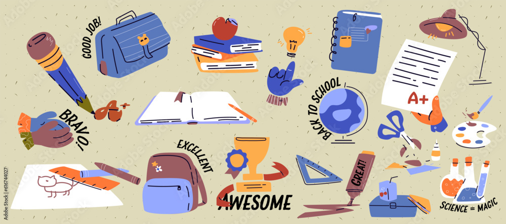 A set of modern back-to-school-themed stickers. Motivational phrases for the diary. Bright, contemporary illustration. Pack of trendy vectors. A set of modern back-to-school-themed stickers. Motivational phrases for the diary. Bright, contemporary illustration. Pack of trendy vectors.