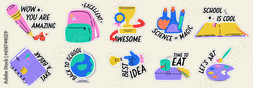 A set of modern back-to-school-themed stickers. Motivational phrases for the diary. Bright, contemporary illustration. Pack of trendy vectors. 