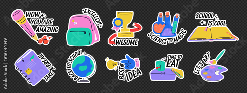 A set of modern back-to-school-themed stickers. Motivational phrases for the diary. Bright, contemporary illustration. Pack of trendy vectors. Png background